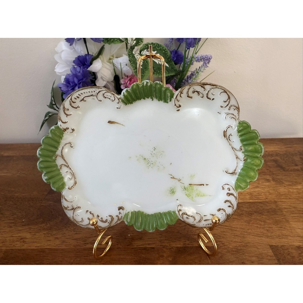 Antique Victorian Milk Glass‎ Tray Green Gold Scroll Edge Vintage Decor Trinket